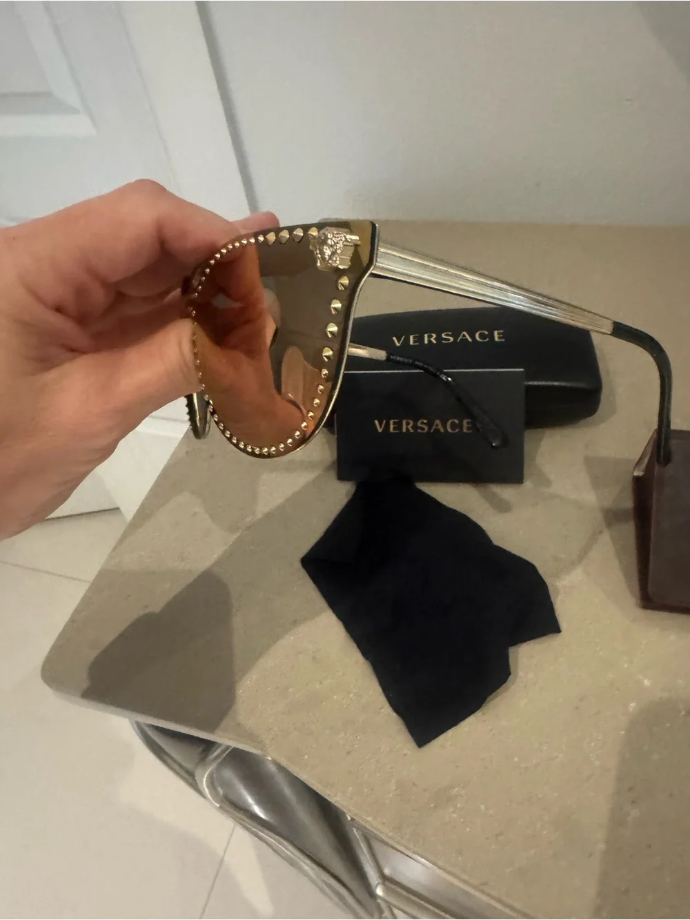 Versace Women's Gold-Stud Shield Sunglasses - Pink Gold Mirror